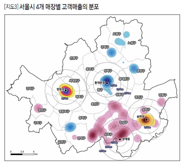 [지도3]서울시 4개 매장별 고객매출의 분포