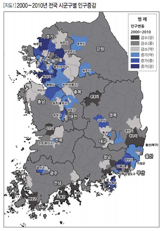 [지도1]2000~2010년 전국 시군구별 인구증감