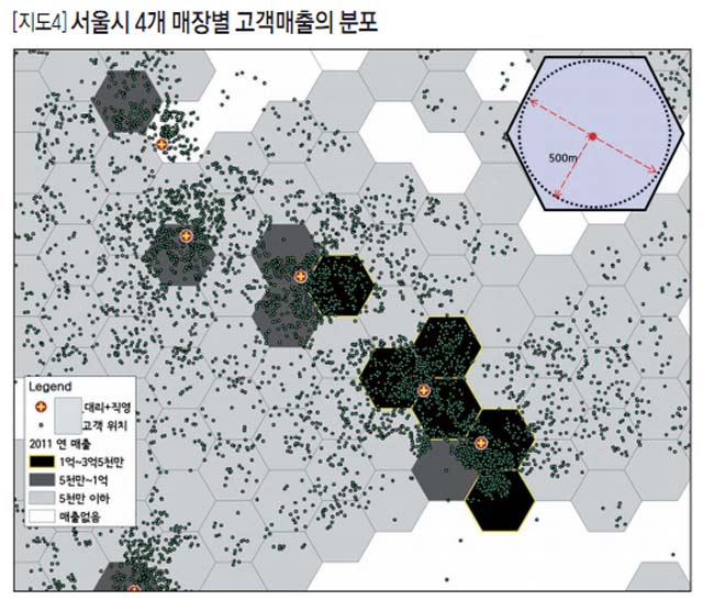 [지도4]서울시 4개 매장별 고객매출의 분포