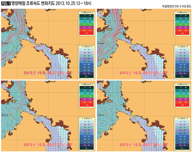 [지도 1] 명량해협 조류속도 변화지도 2013.10.25 13 ~ 18시