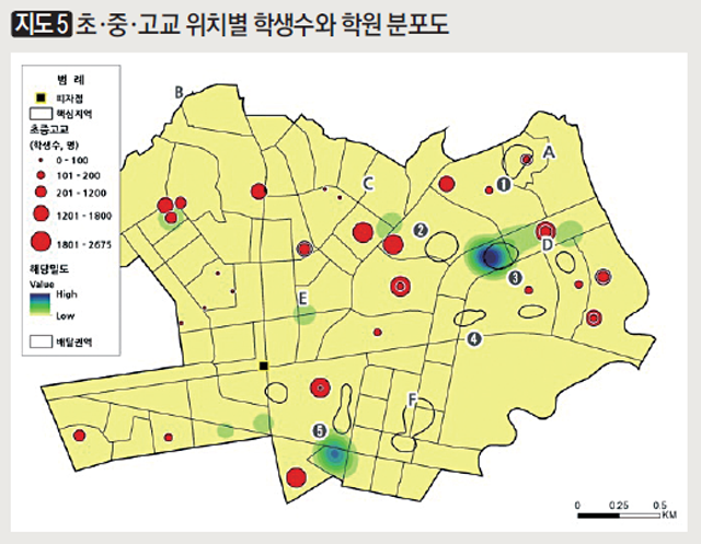 [지도5] 초중고교 위치별 학생수와 학원 분포도