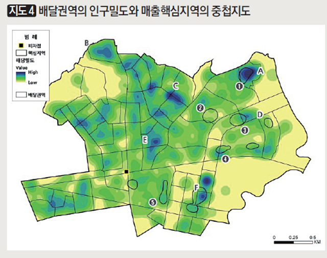 [지도4] 배달권역의 인구밀도와 매출핵심지역의 중첩지도