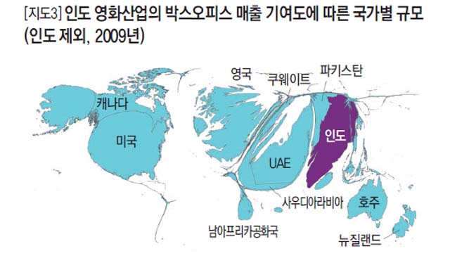 인도 영화산업의 박스오피스 매출 기여도에 따른 국가별 규모 (인도제외, 2009년)