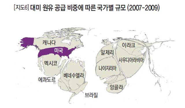 대미 원유 공급 비중에 따흔 국가별 규모 (2007-2009)