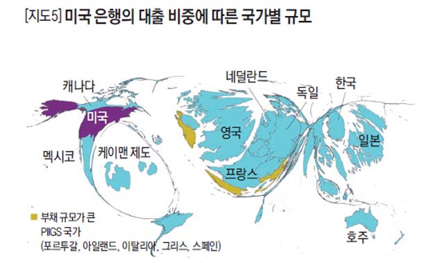 미국 은행의 대출 비중에 따른 국가별 규모