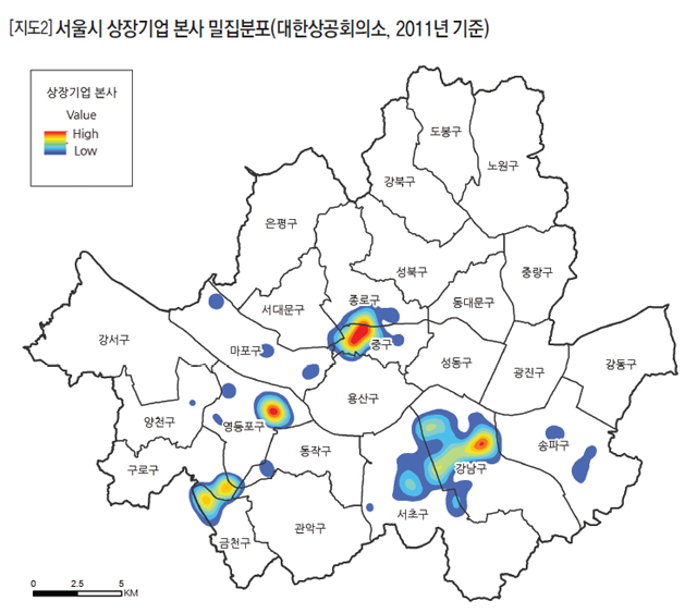 [지도2] 서울시 상장기업 본사 밀집분포 (대한상공회의소, 2011년 기준)