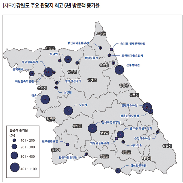 [지도2] 강원도 주요 관광지 최고 5년 방문객 증가율