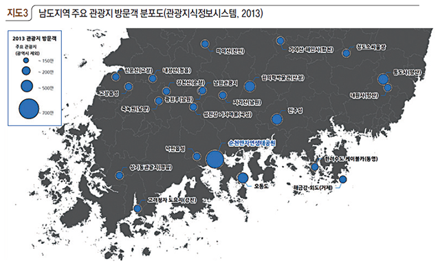 남도지역 주요 관광지 방문객 분포도(관광지식정보시스템, 2013)