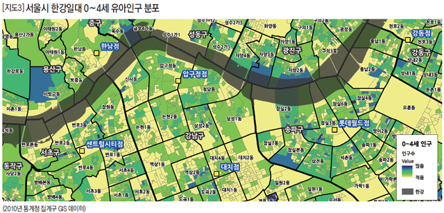 [지도3]서울시 한강일대 0~4세 유아인구 분포(2010년 통계청 집계구 GIS 데이터)