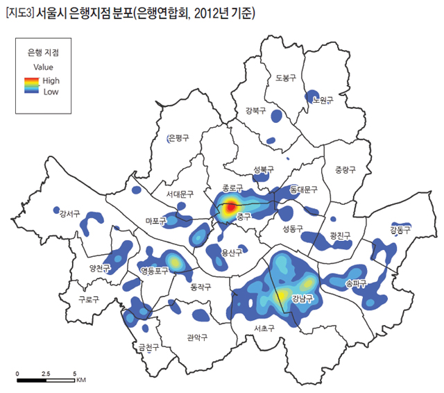 [지도3] 서울시 은행지점 분포 (은행연합회, 2012년 기준)