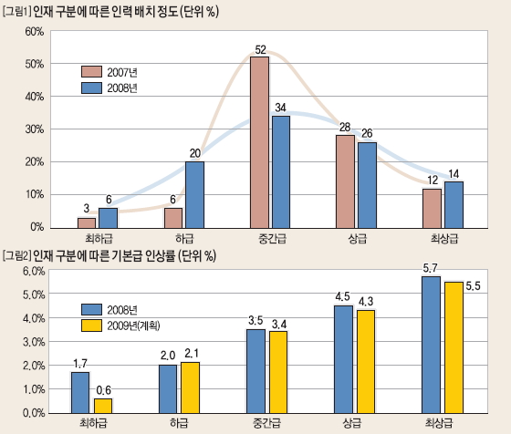 인재 구분에 따른 인력 배치 정도 및 기본급 인상률