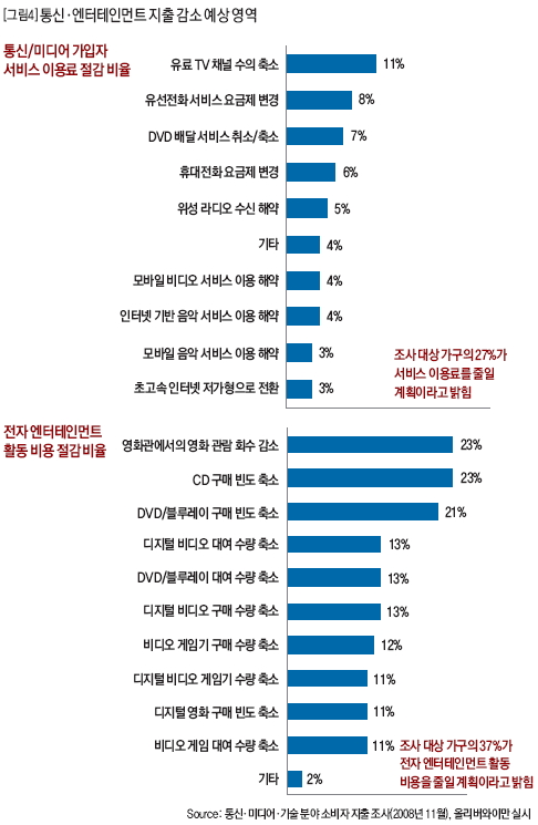 통신·엔터테인먼트 지출 감소 예상 영역