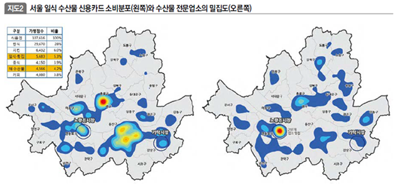 서울 일식 수산물 신용카드 소비분포(왼쪽)와 수산물 전문업소의 밀집도(오른쪽)