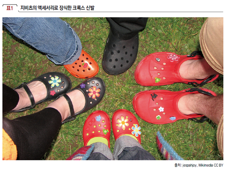 지비츠의 액세서리로 장식한 크록스 신발
