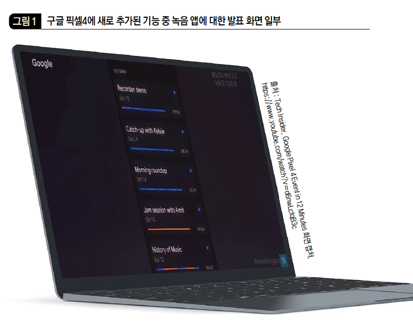 구글 픽셀4에 새로 추가된 기능 중 녹음 앱에 대한 발표 화면 일부