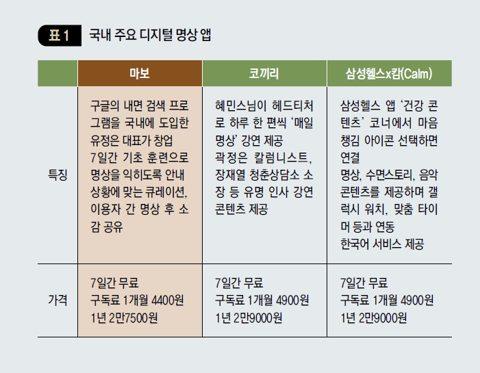 국내 주요 디지털 명상 앱