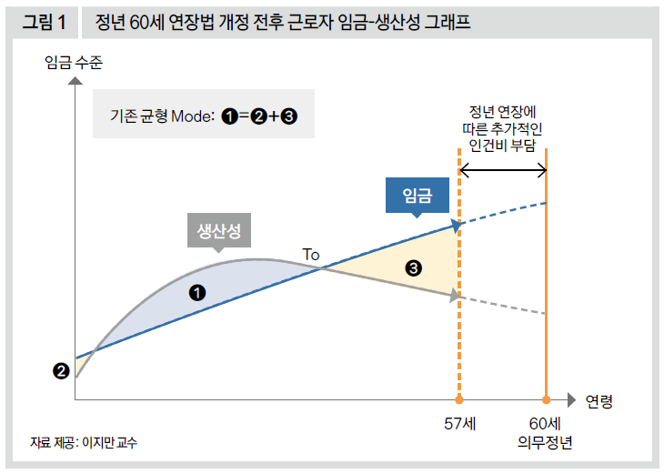 정년 60세 연장법 개정 전후 근로자 임금-생산성 그래프