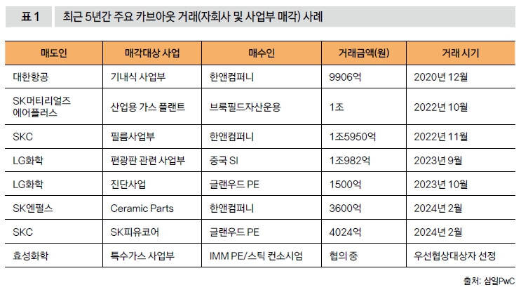 최근 5년간 주요 카브아웃 거래(자회사 및 사업부 매각) 사례