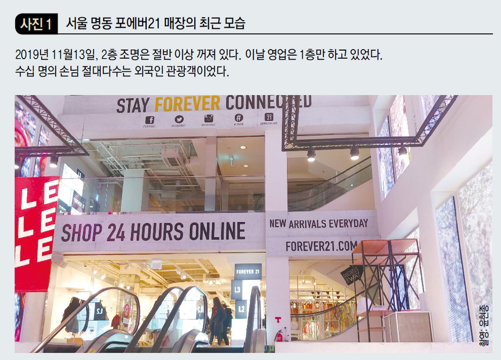 서울 명동 포에버21 매장의 최근 모습