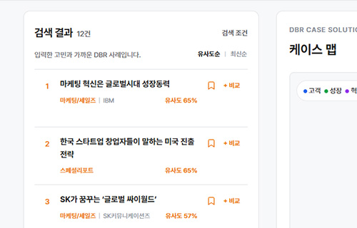 입력한 고민과 가까운 DBR 추천 케이스 검색 결과 화면